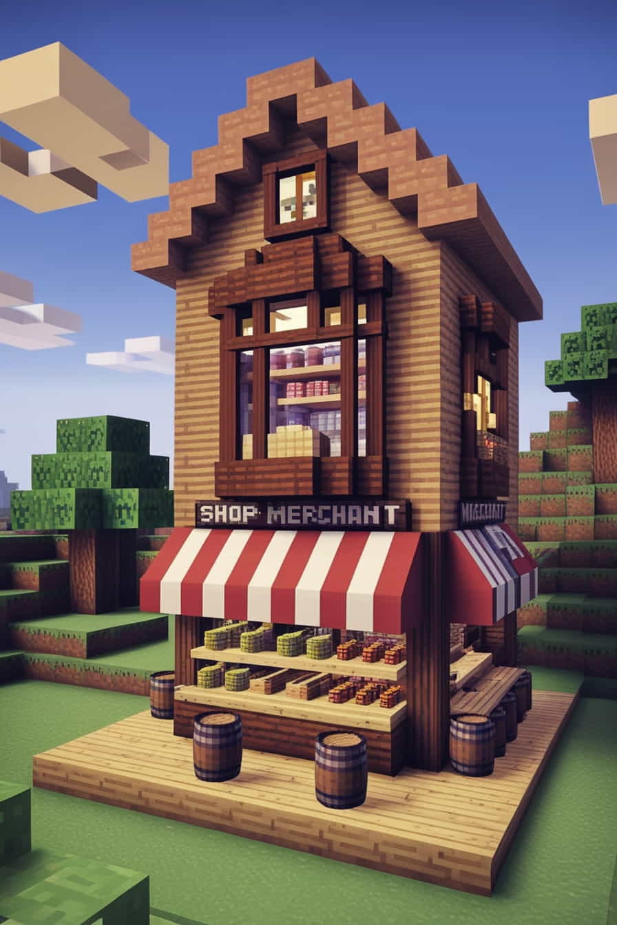 a bustling merchants minecraft home with a shop on the ground (1) 