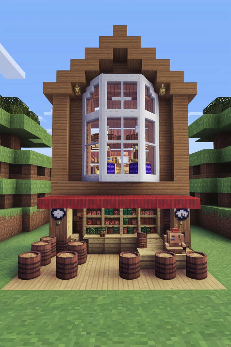 a bustling merchants minecraft home with a shop on the ground (2) 