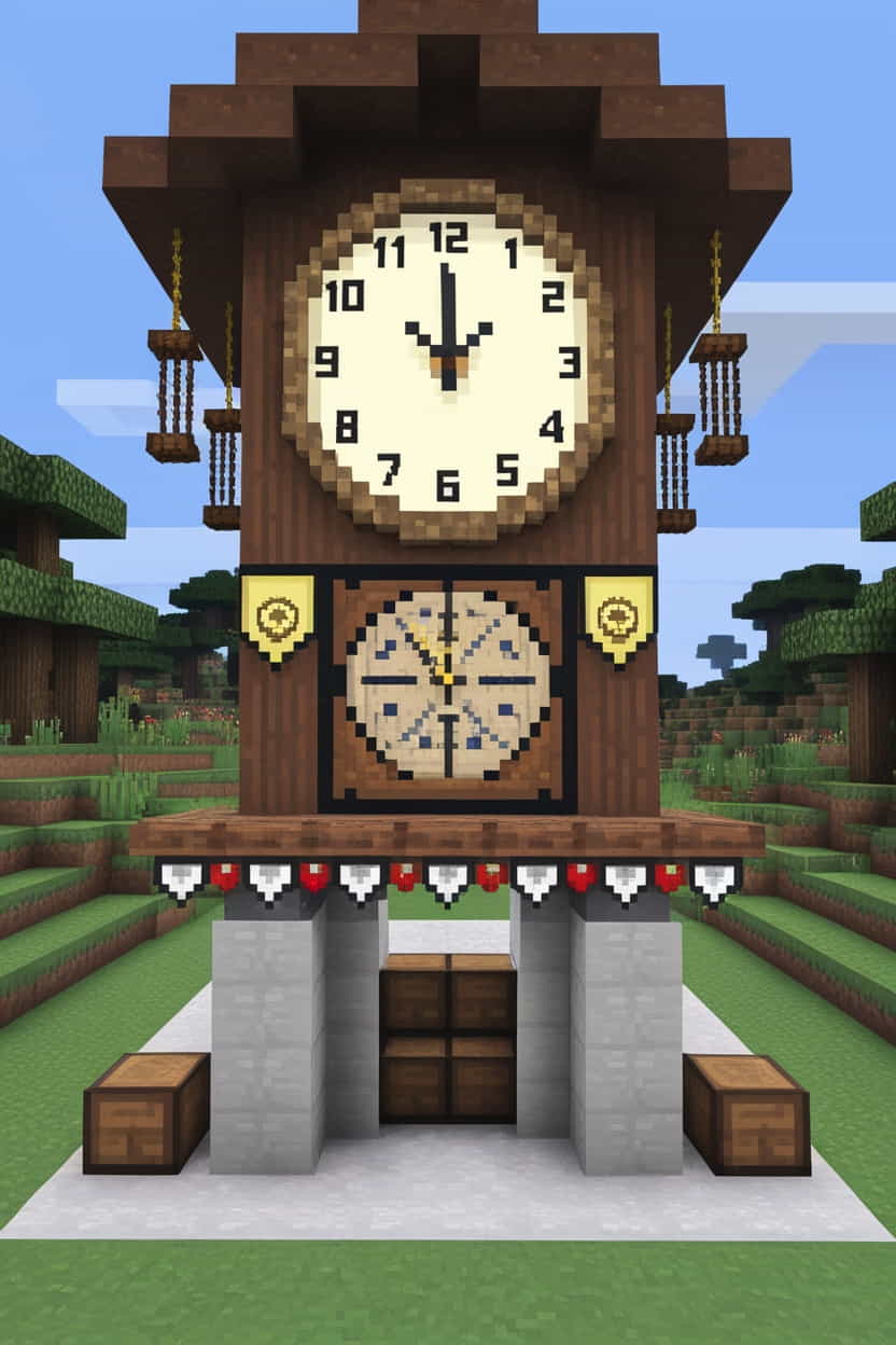 a charming minecraft clock tower in the center of town 