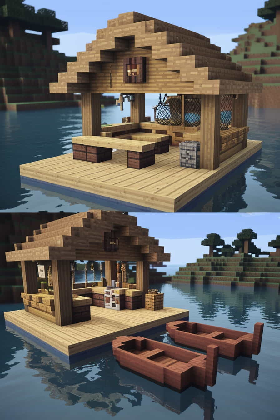 a cozy minecraft fishermans hut by the water use 3 