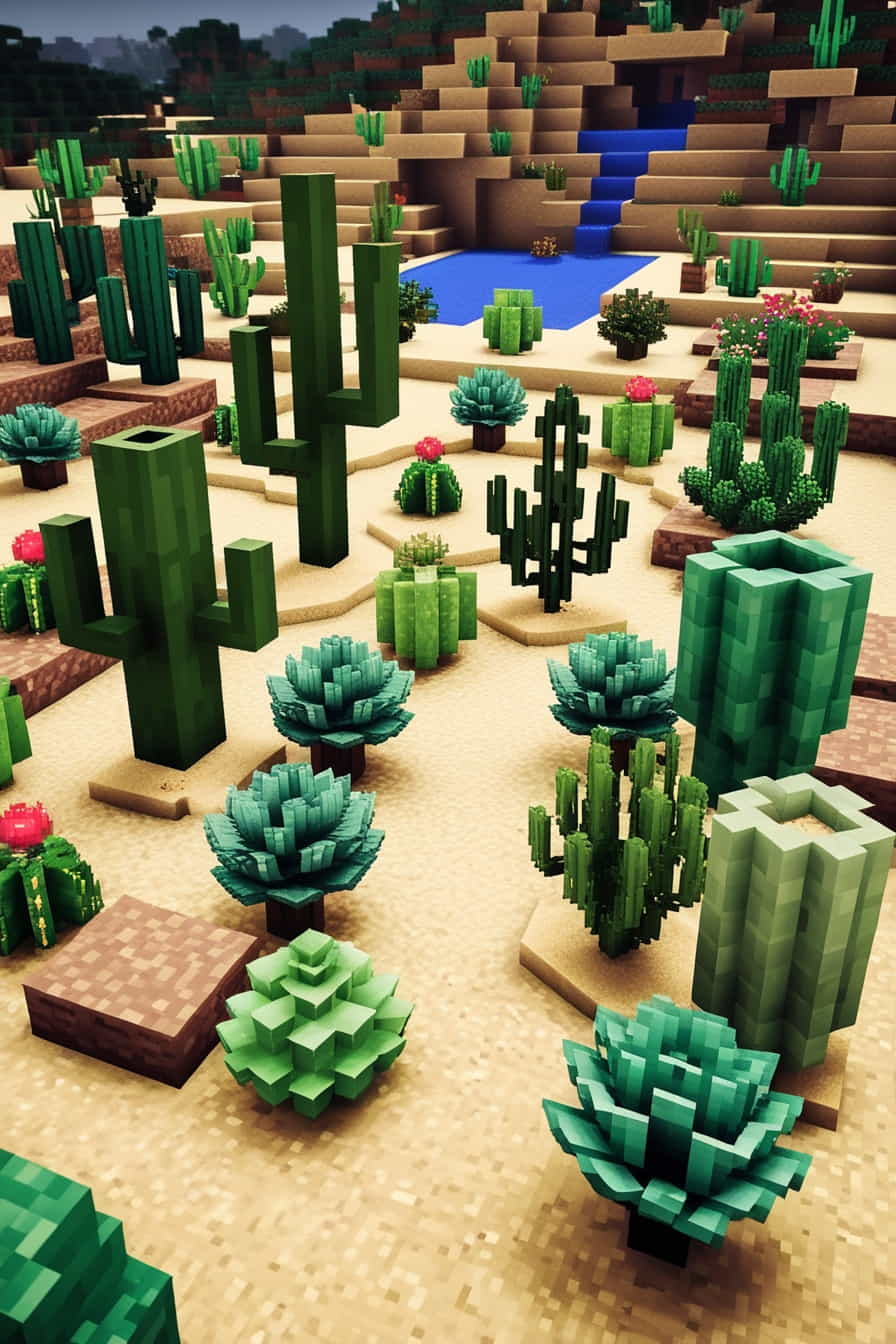 a desert themed minecraft garden with various plant type 2 