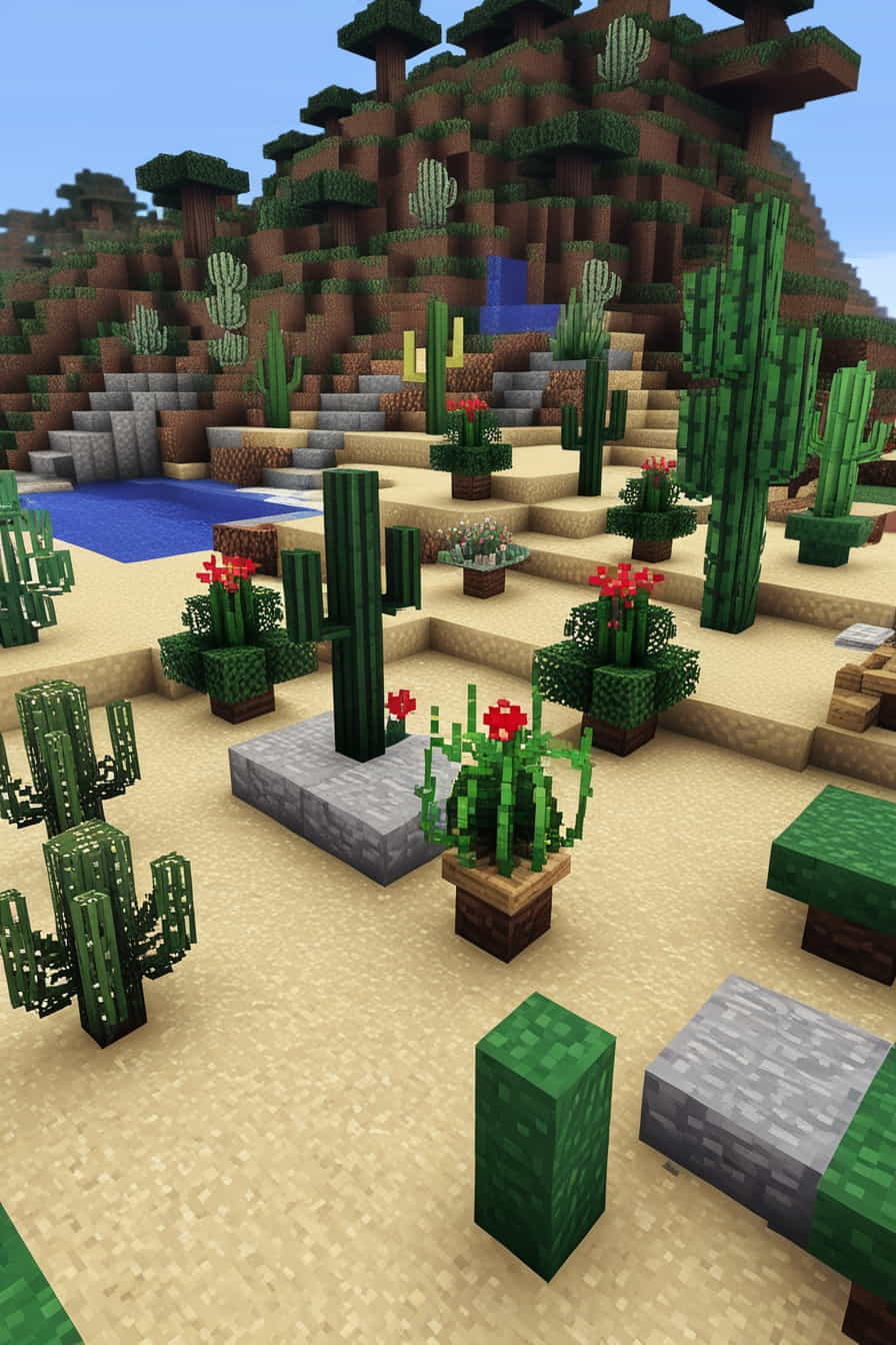 a desert themed minecraft garden with various plant type 