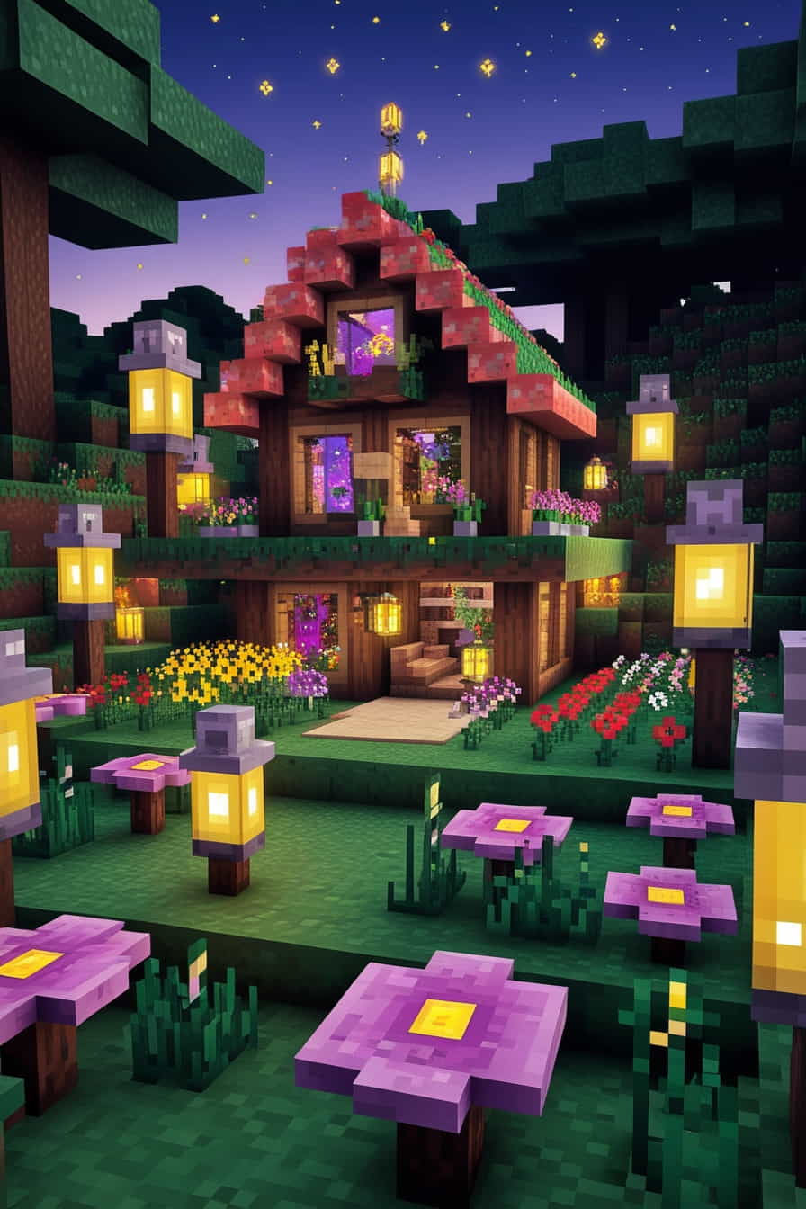 a fairy minecraft garden with tiny houses mushroom  