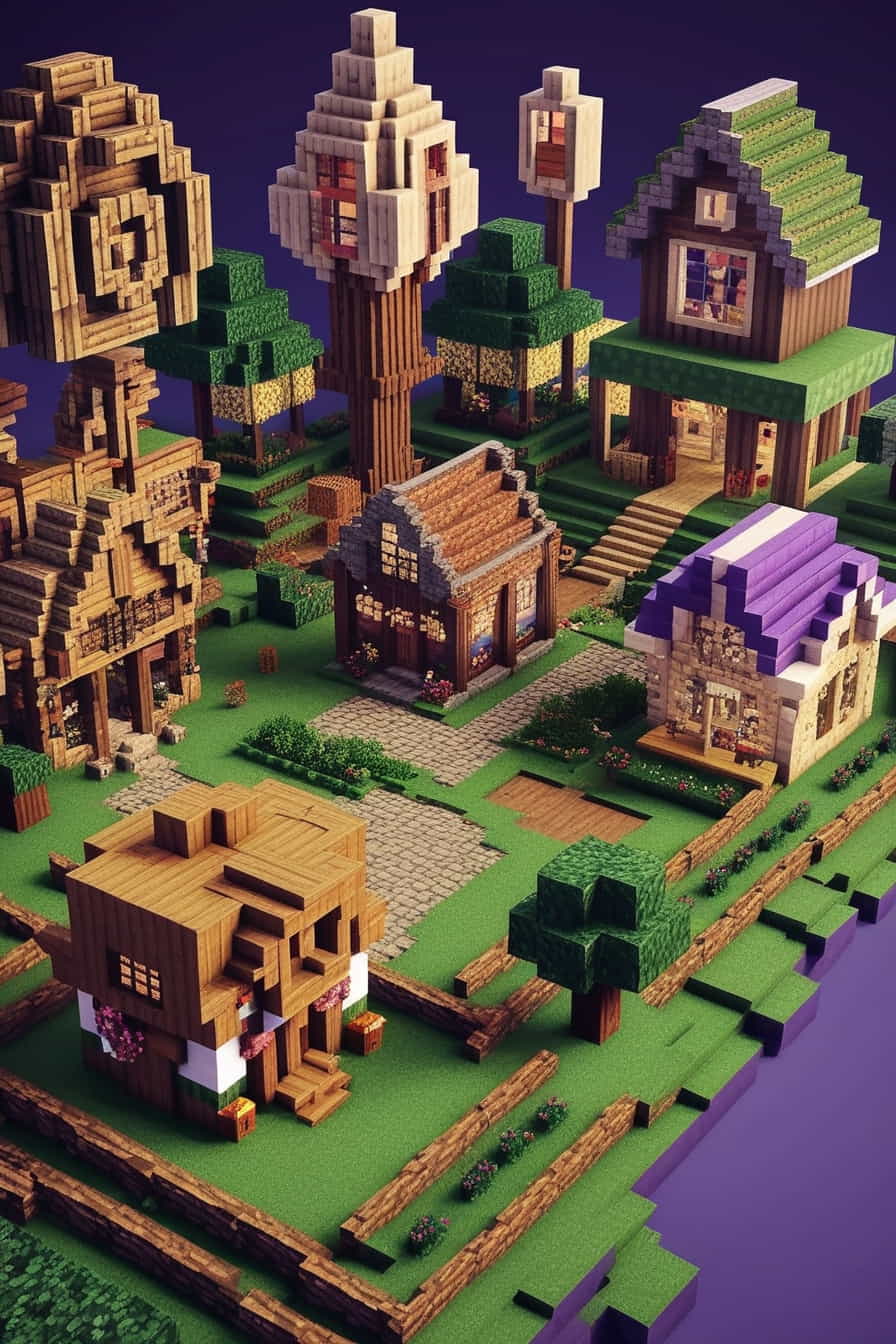 a fantasy minecraft village with unique and quirky houses (1) 