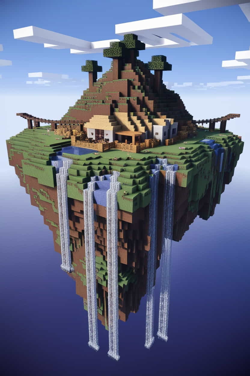 a floating minecraft sky island with waterfalls cascade 0 