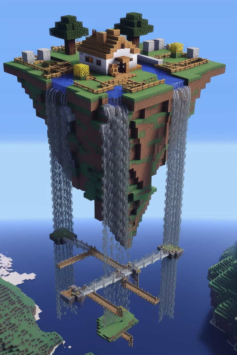 a floating minecraft sky island with waterfalls cascade 1 