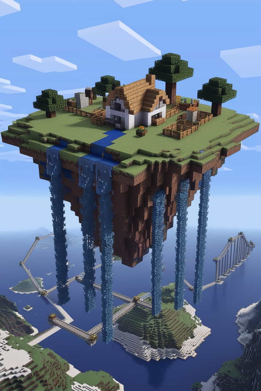 a floating minecraft sky island with waterfalls cascade 2 