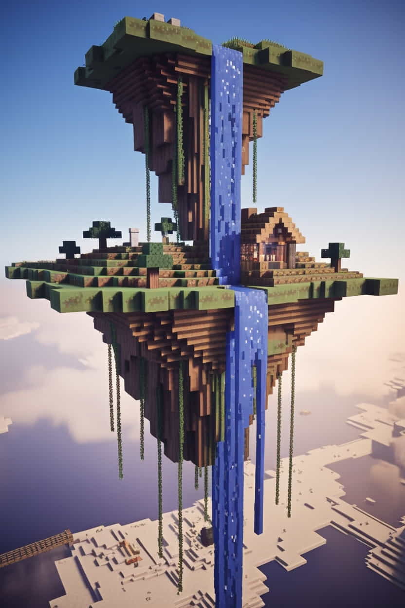 a floating minecraft sky island with waterfalls cascade 3 