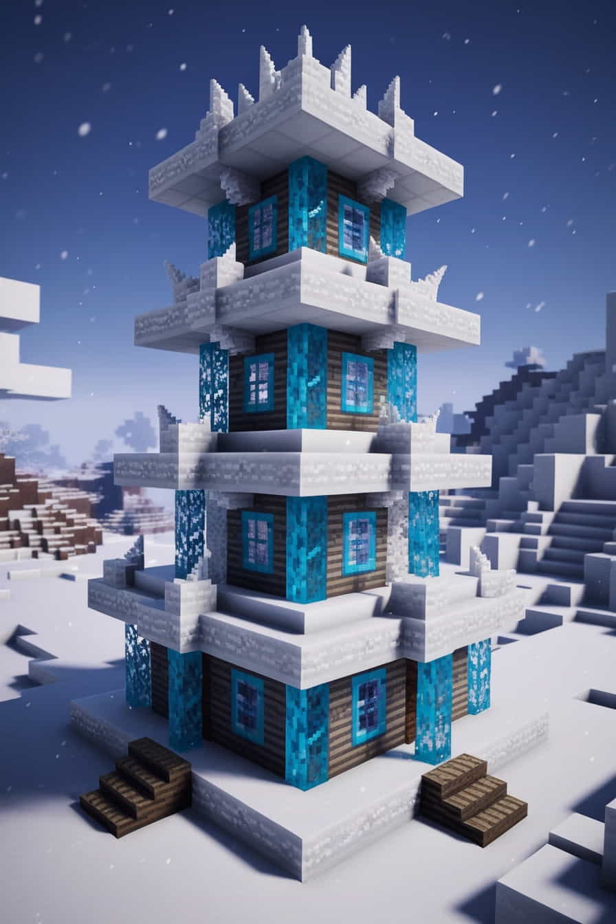 a frosty ice minecraft tower in a snowy biome 4 