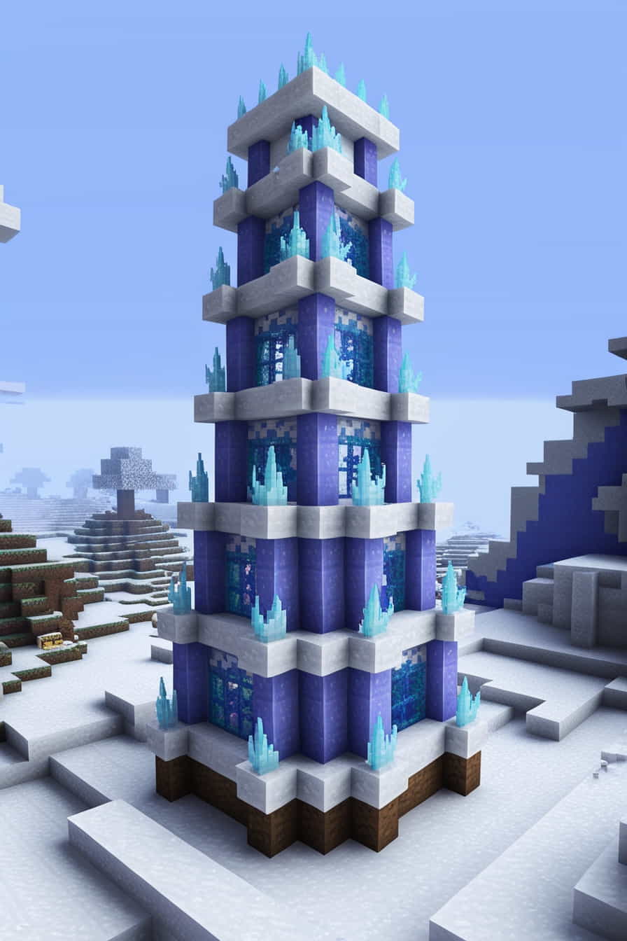 a frosty ice minecraft tower in a snowy biome 