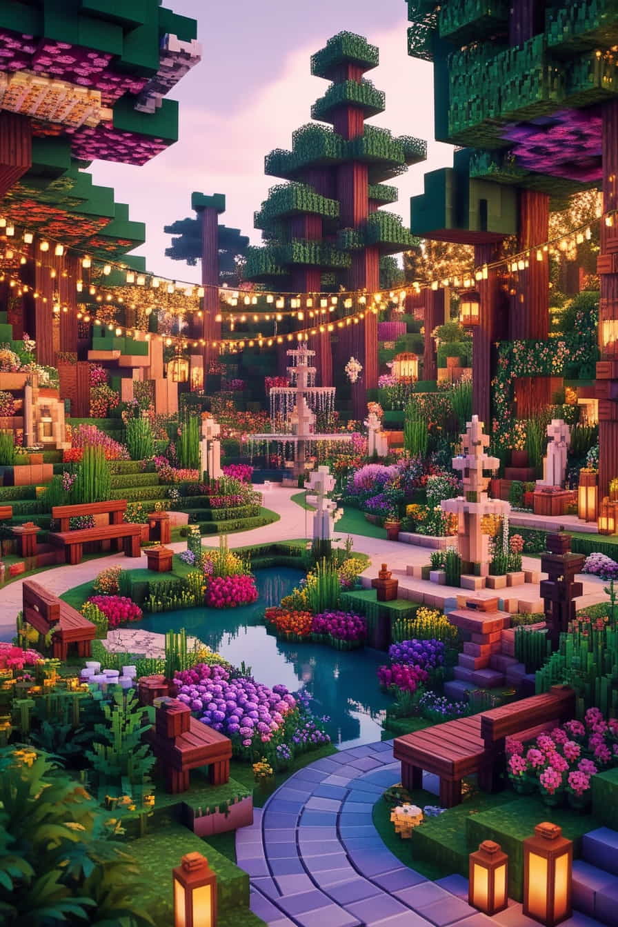 a lush minecraft garden crafted from vibrantly colored  