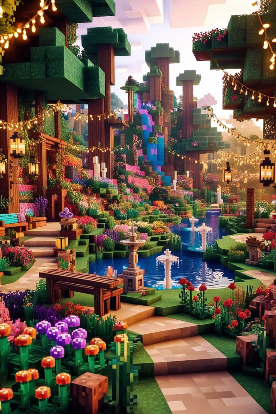 a lush minecraft garden crafted from vibrantly colored 3 