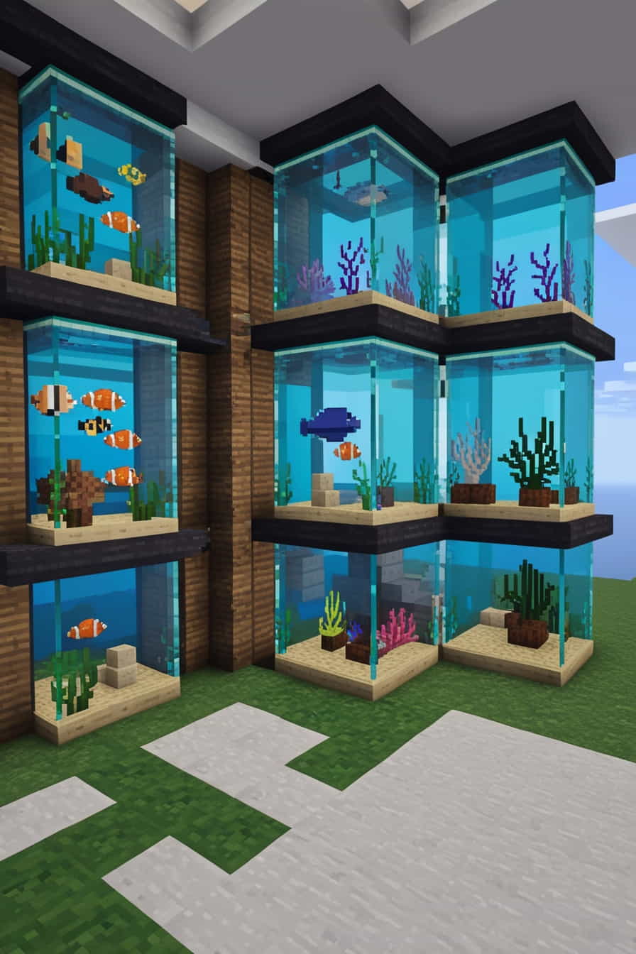 a minecraft house with giant aquarium walls use glass 2 