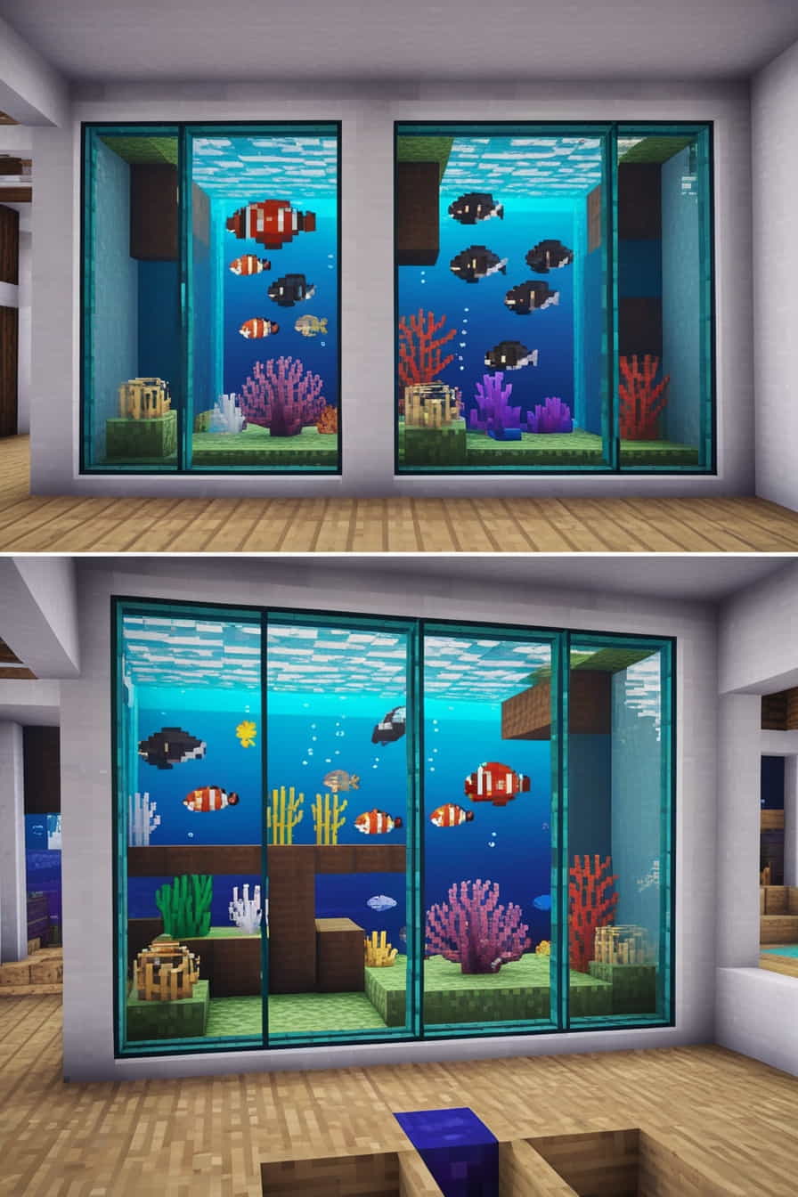 a minecraft house with giant aquarium walls use glass 