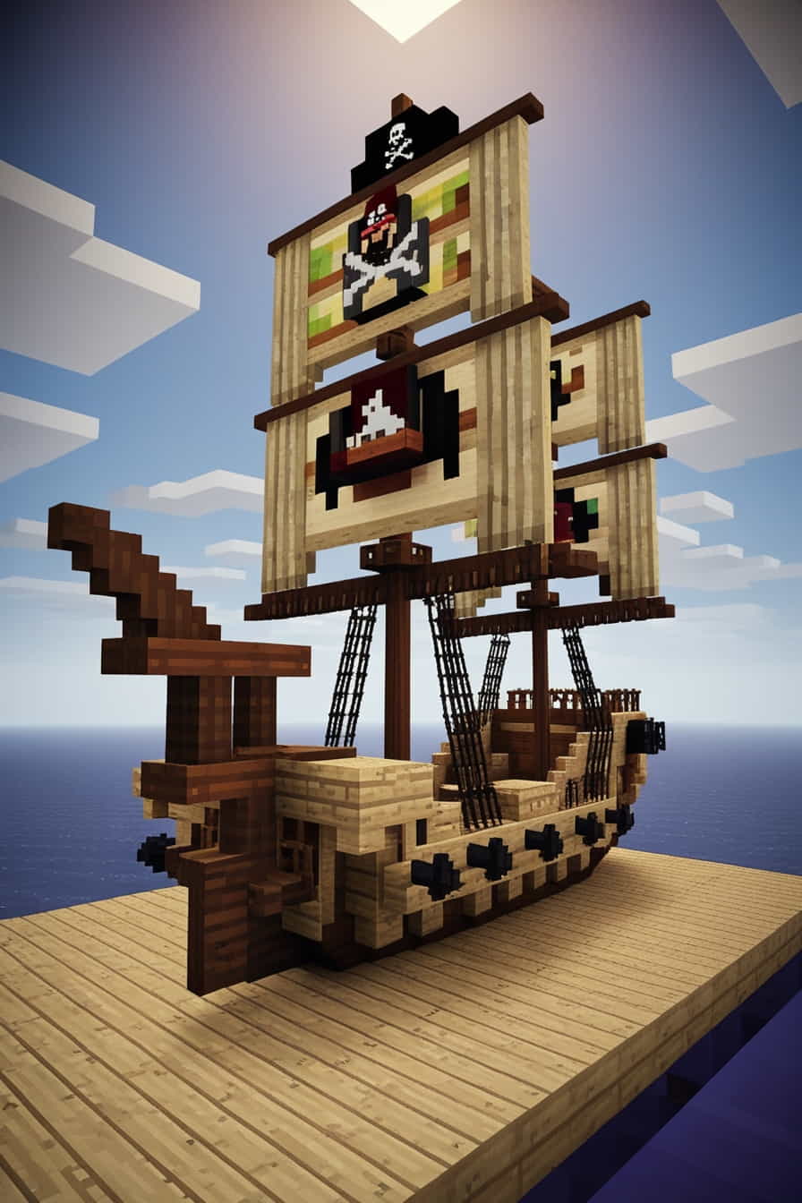 a minecraft pirate ship complete with sails canon (4) 