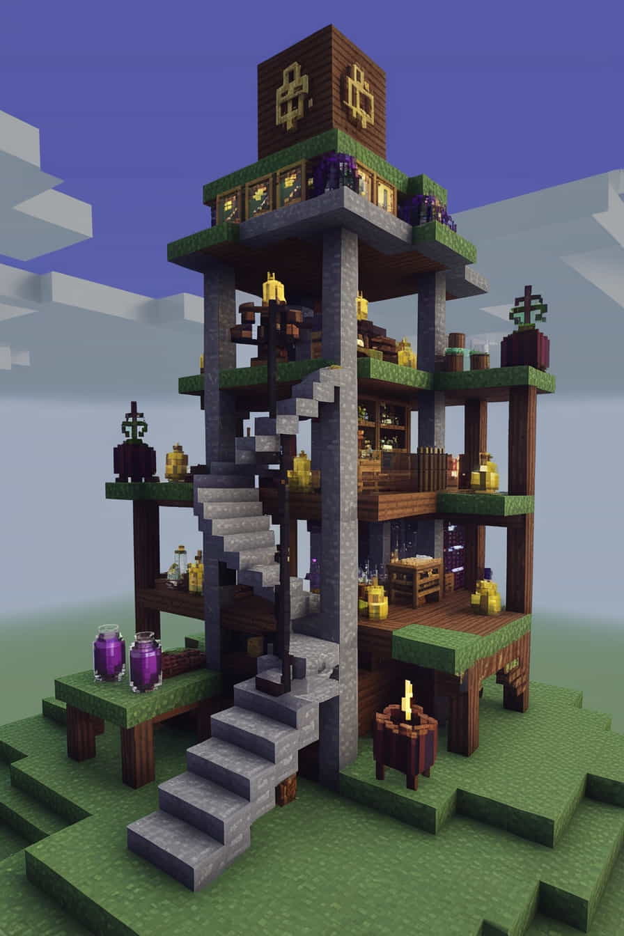 a mysterious alchemists minecraft tower using stone and bricks (1) 