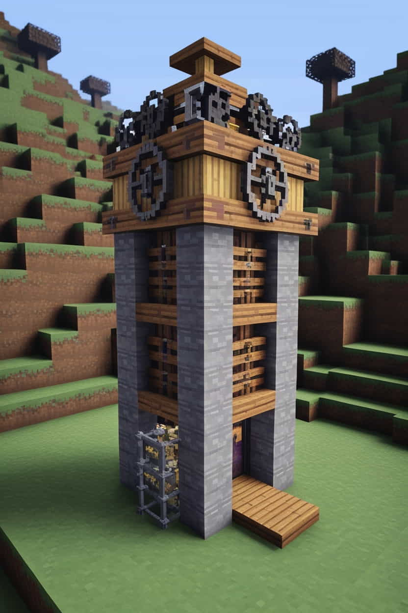 a robust dwarven minecraft mining tower using stone and blocks (4) 