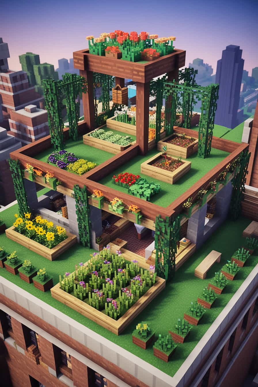 a rooftop minecraft garden in your city builds  (1) 