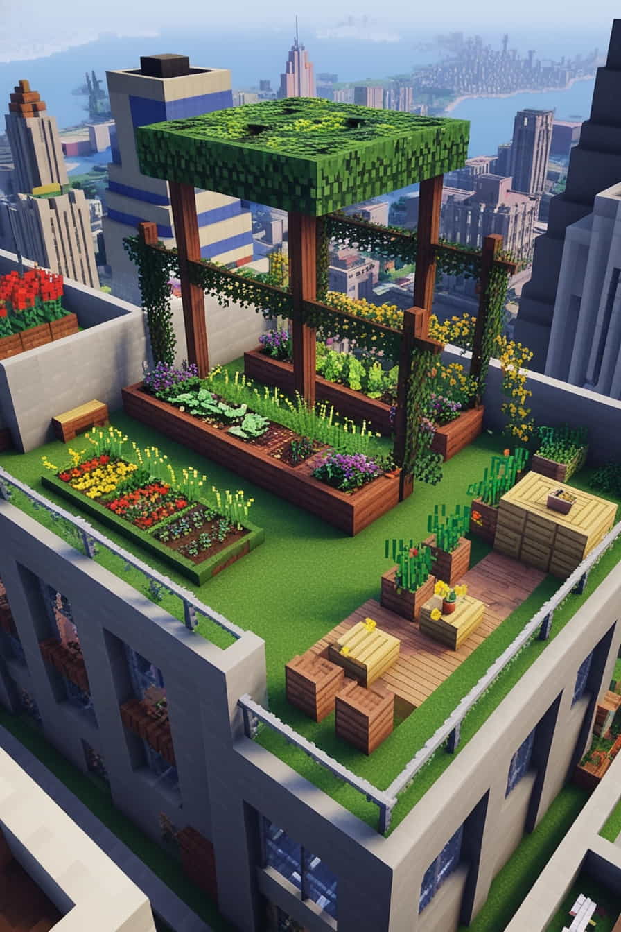 a rooftop minecraft garden in your city builds  (2) 