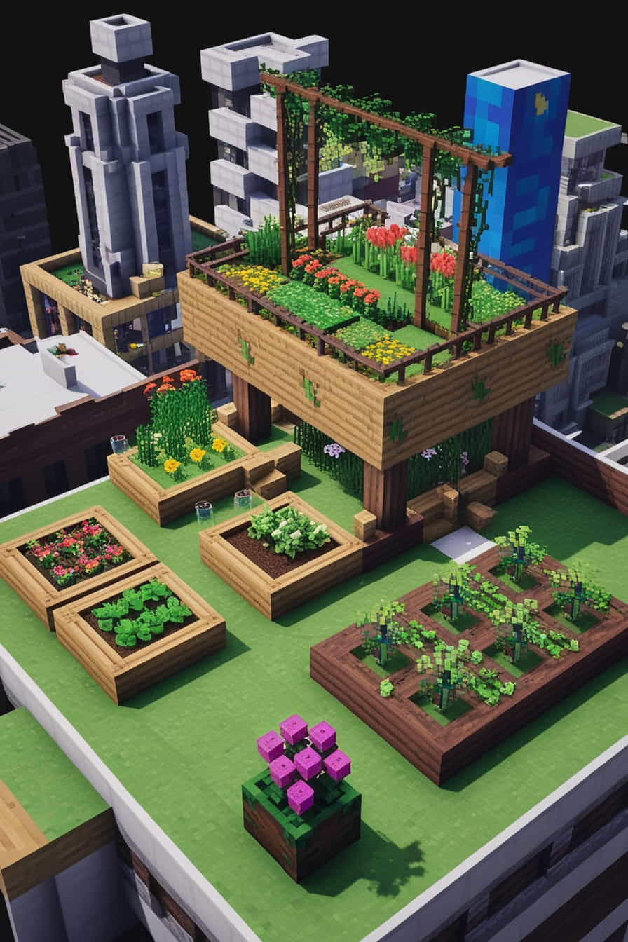 a rooftop minecraft garden in your city builds  (4) 