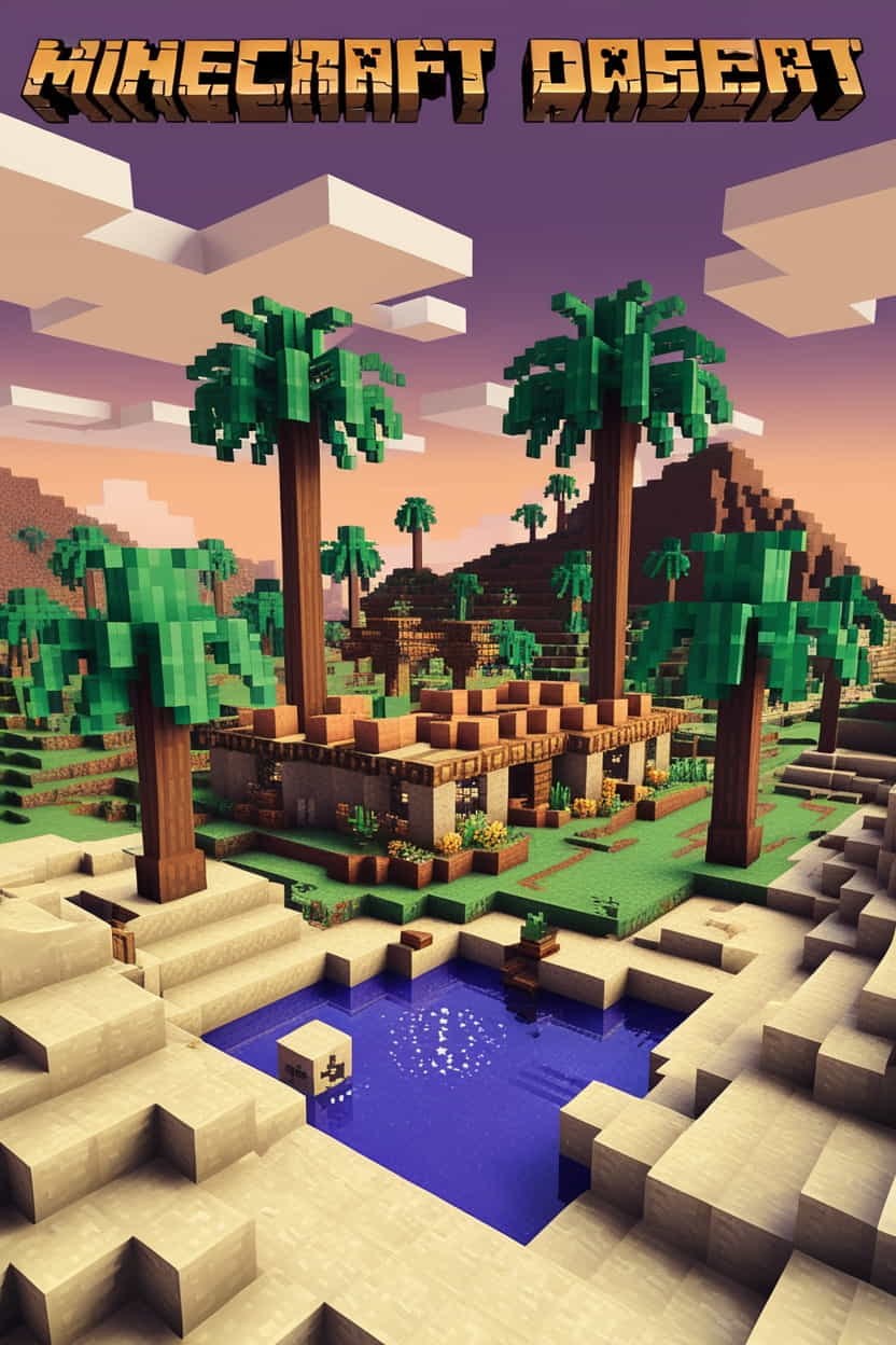 a serene minecraft desert oasis with palm trees a 