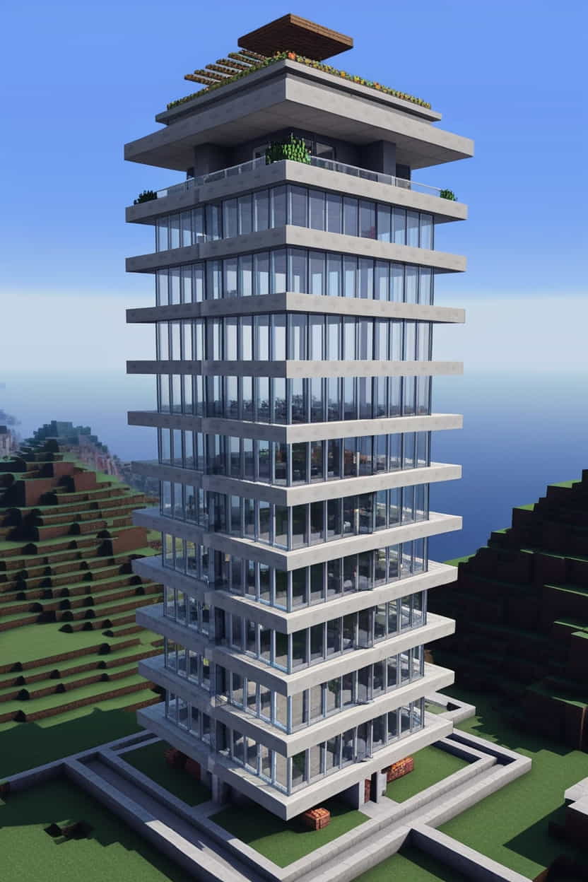 a sleek modern minecraft skyscraper with glass panes 2 