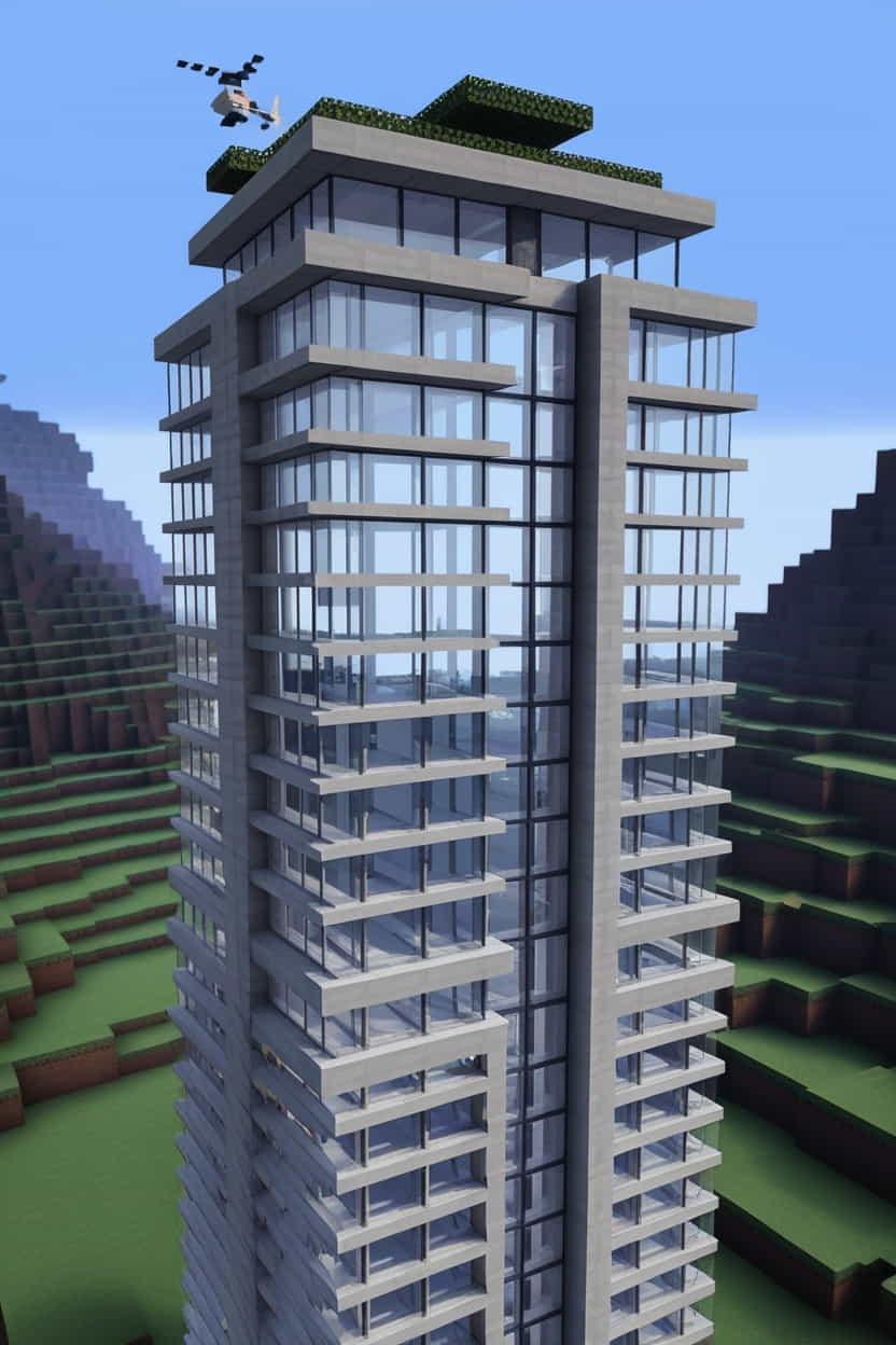 a sleek modern minecraft skyscraper with glass panes 3 