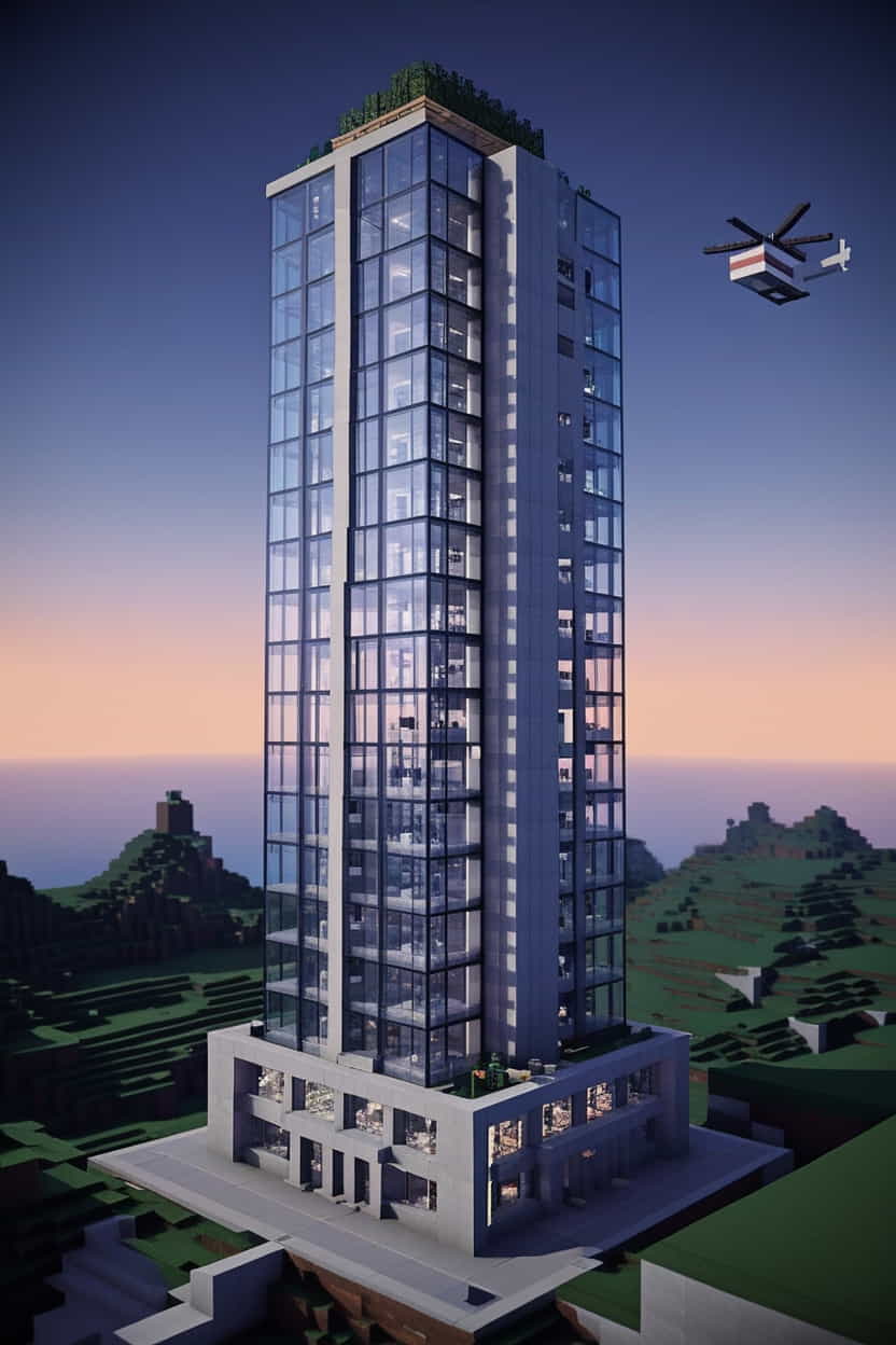 a sleek modern minecraft skyscraper with glass panes 4 