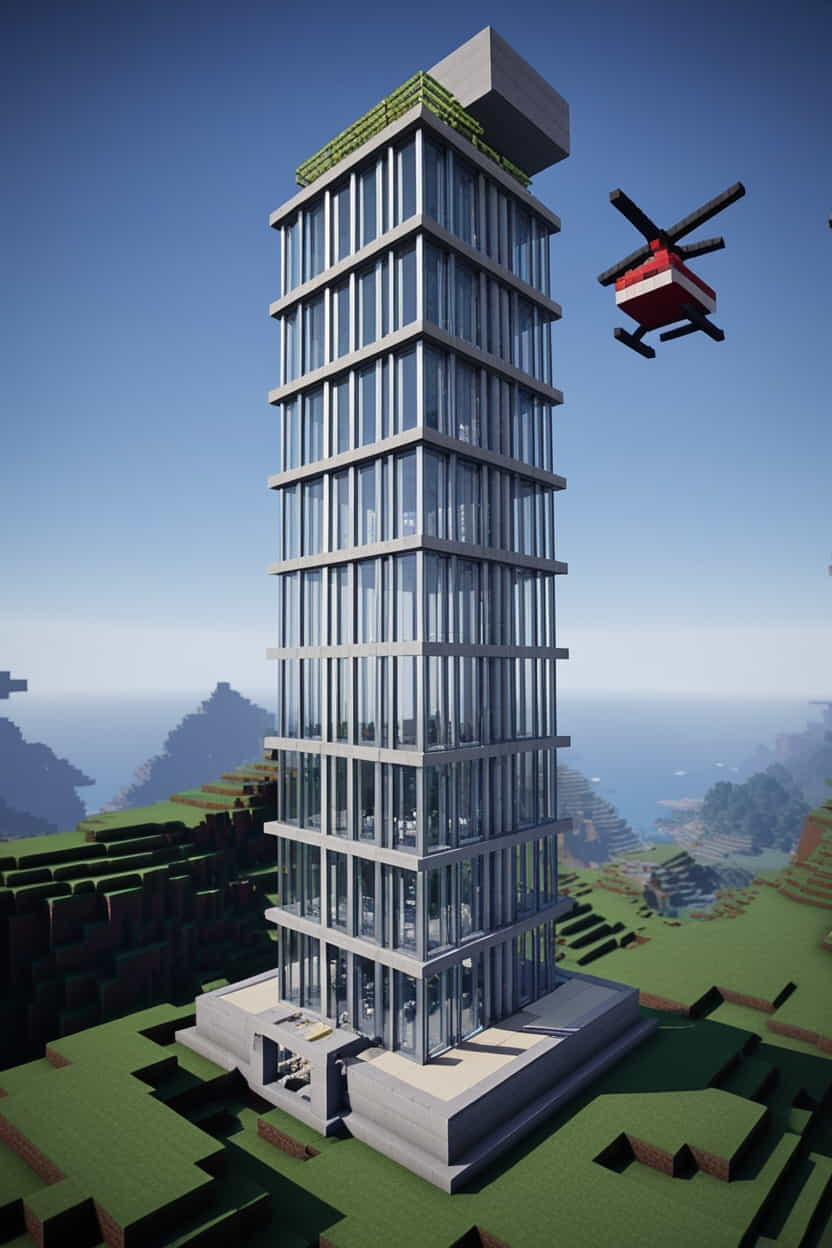 a sleek modern minecraft skyscraper with glass panes  