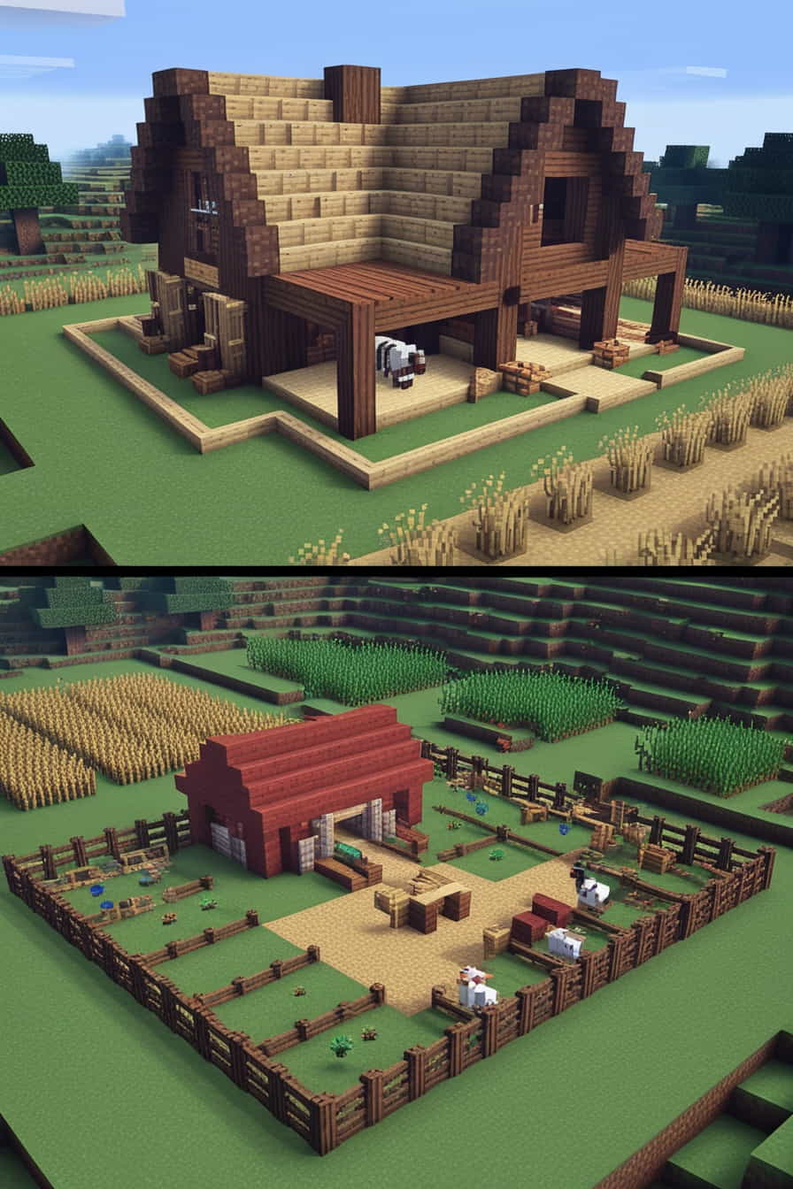 a spacious minecraft farmhouse with a large barn and fields (1) 