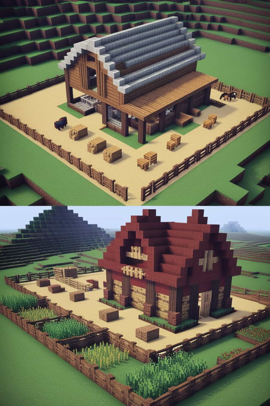 a spacious minecraft farmhouse with a large barn and fields (2) 