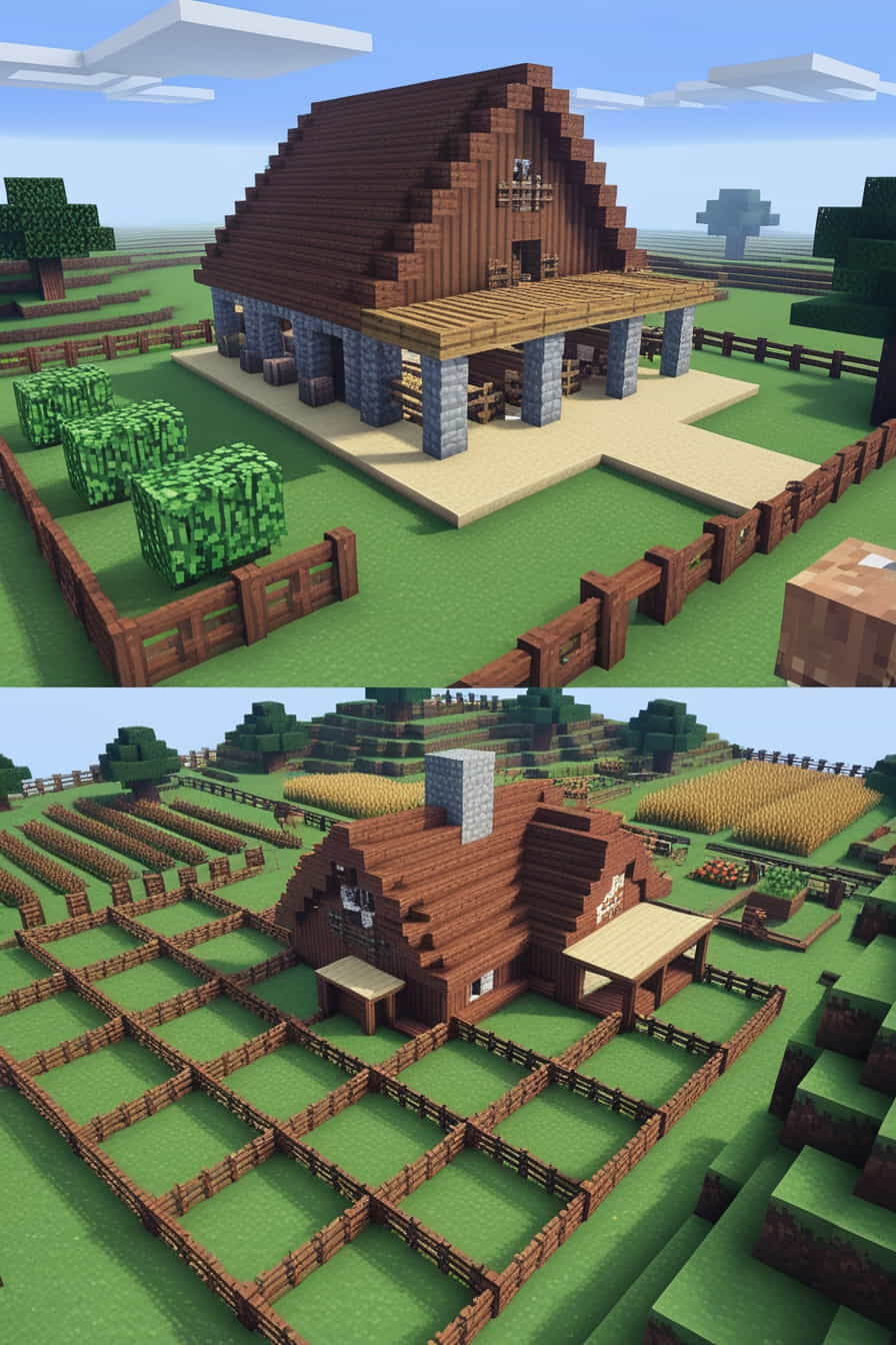 a spacious minecraft farmhouse with a large barn and fields (3) 