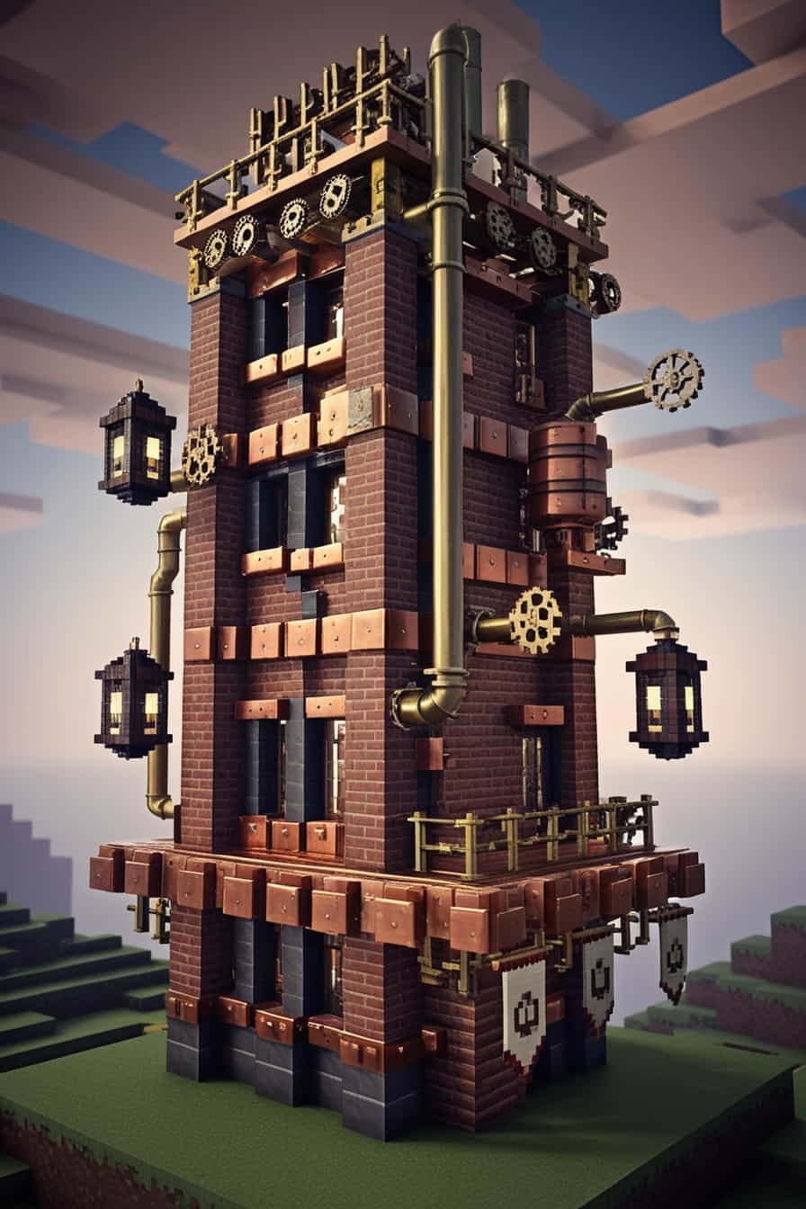 a steampunk inspired minecraft tower with brick copper 0 