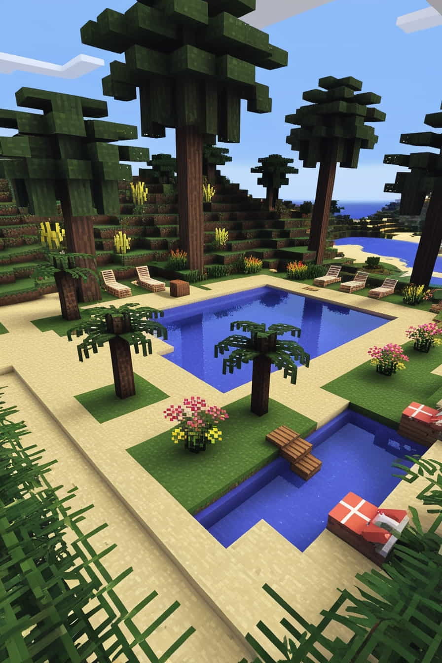 a tropical minecraft garden use palm trees colorful  (2) 