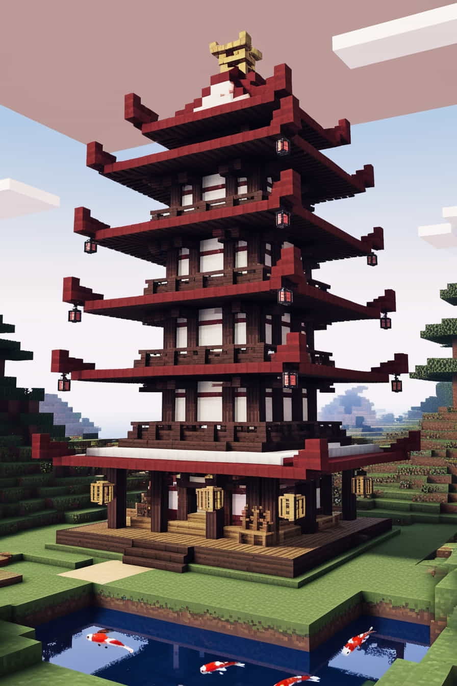 an elegant minecraft japanese pagoda with multiple tie 0 