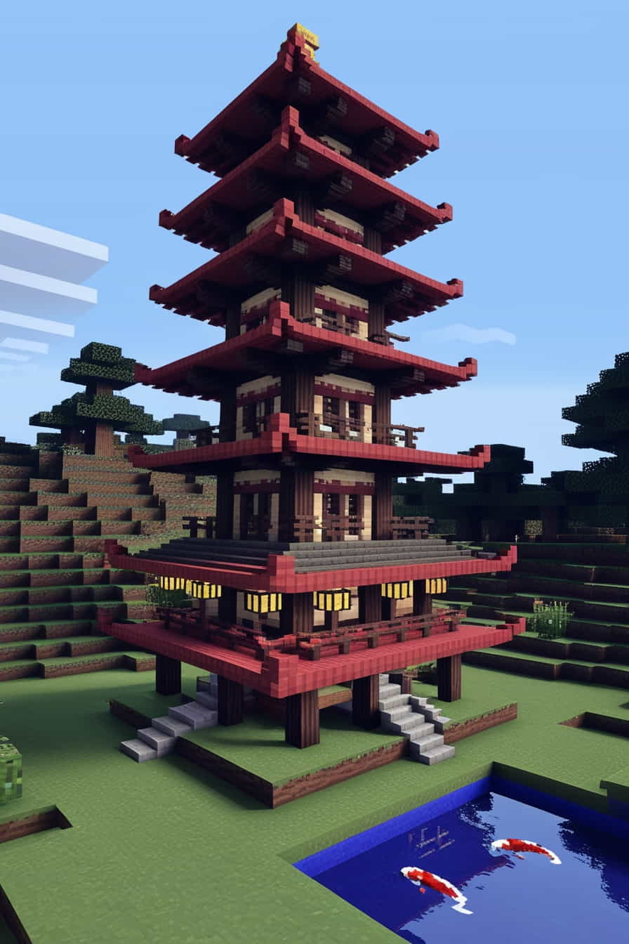 an elegant minecraft japanese pagoda with multiple tie 1 