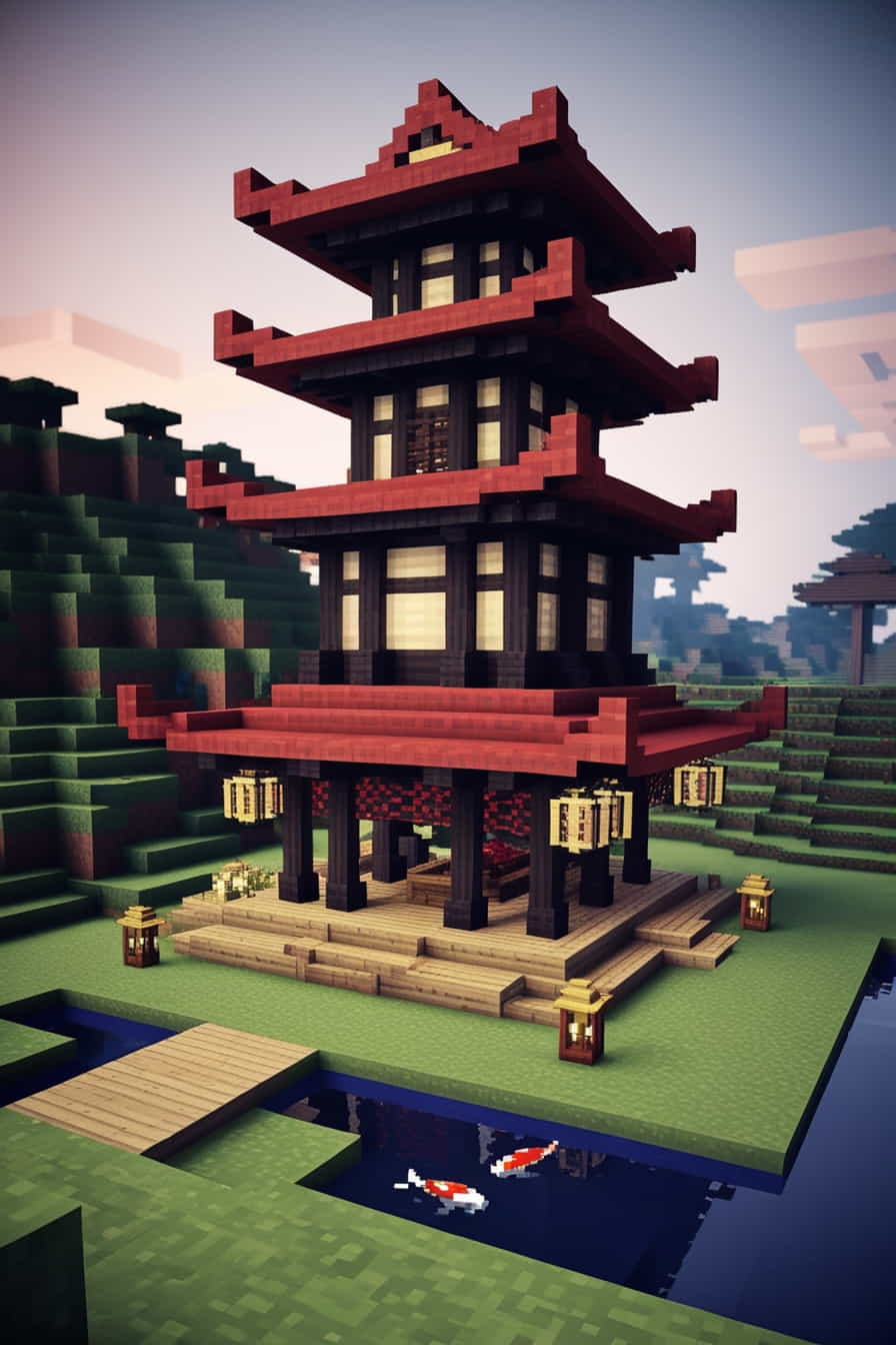 an elegant minecraft japanese pagoda with multiple tie 2 