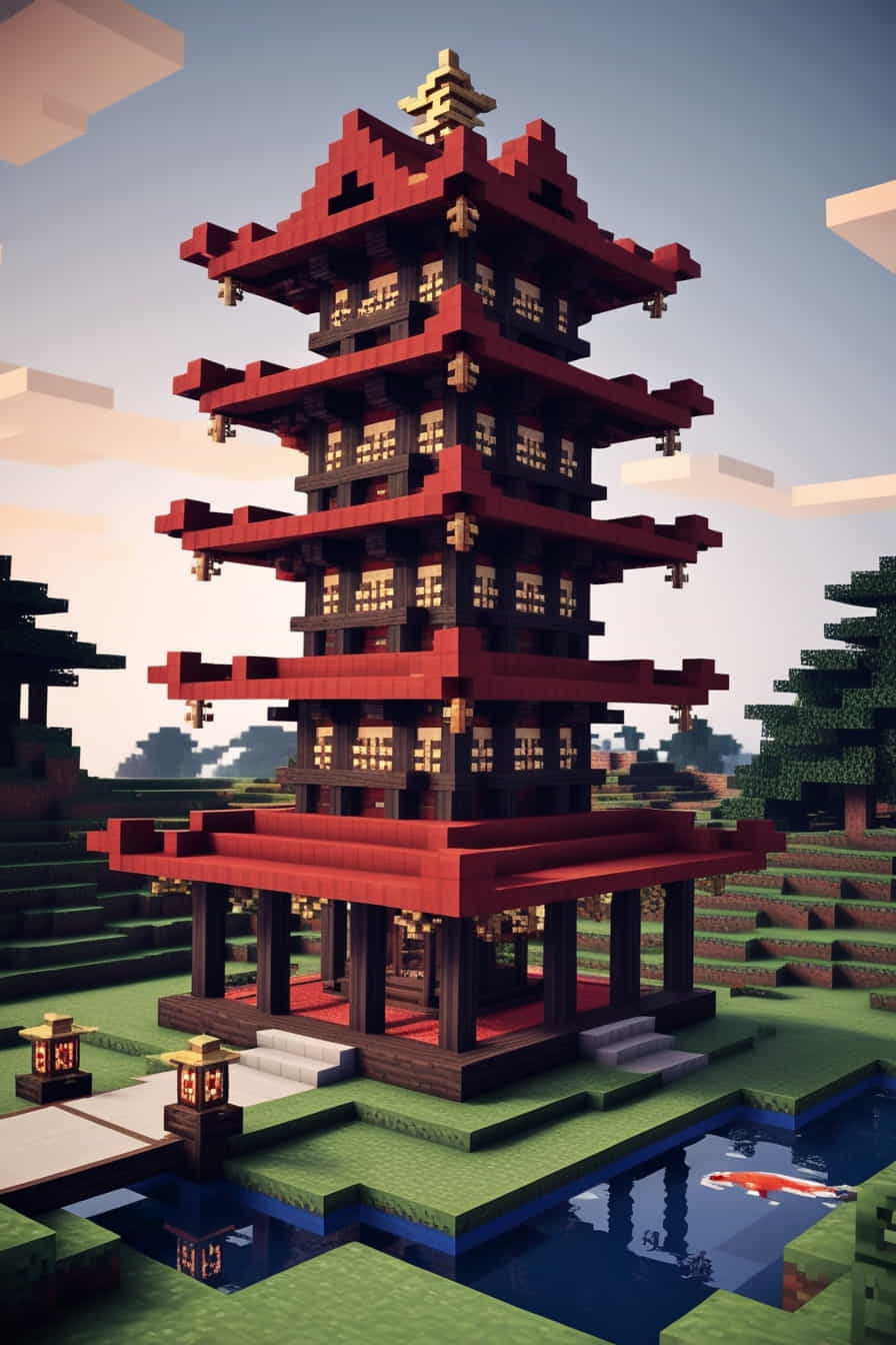 an elegant minecraft japanese pagoda with multiple tie 3 