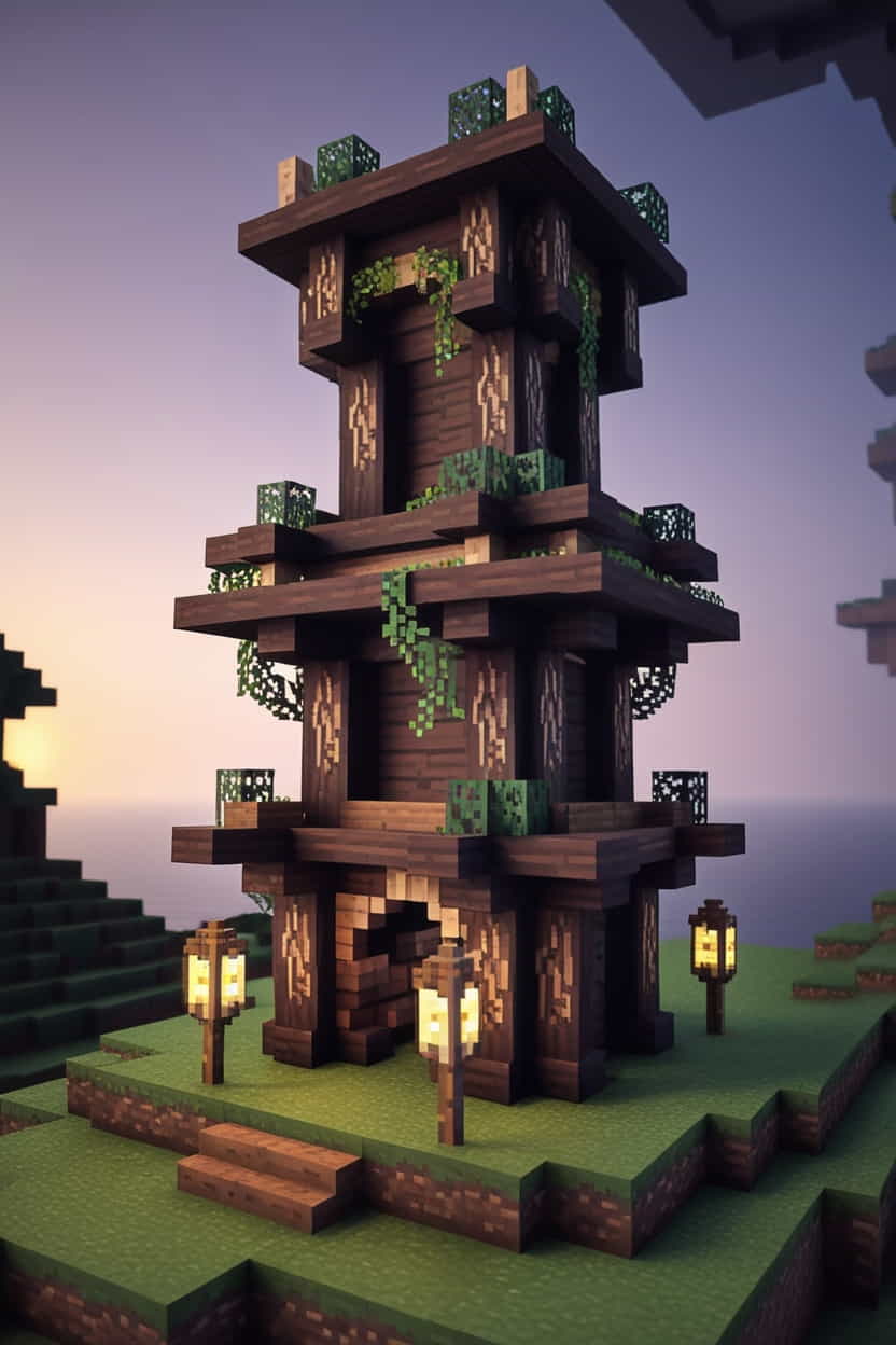 an elven minecraft tower using dark oak and birch wood (1) 