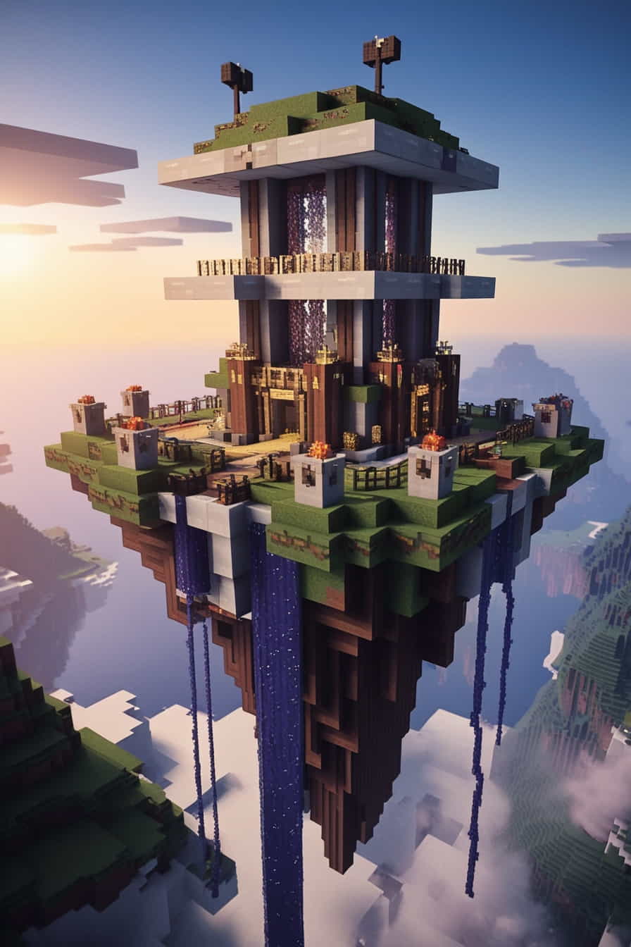 an epic minecraft floating fortress in the sky use 2 