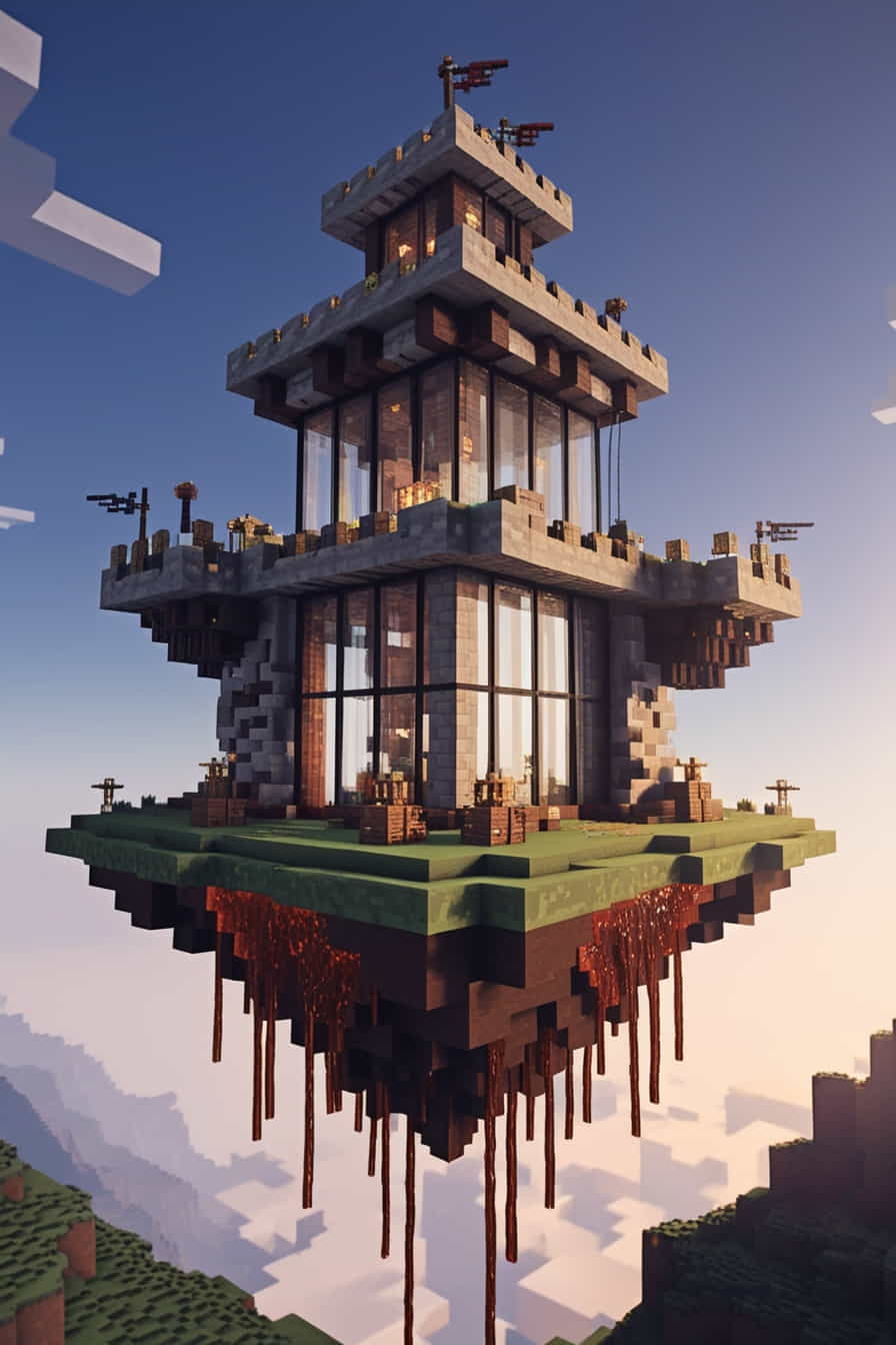 an epic minecraft floating fortress in the sky use 