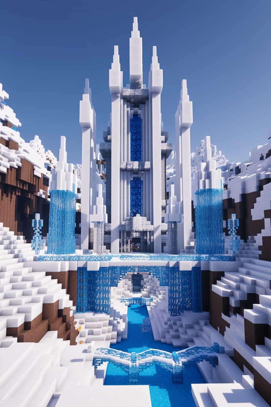 an imposing minecraft ice fortress in a snowy biome 2 