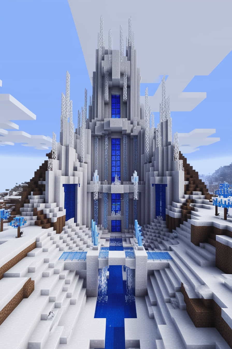 an imposing minecraft ice fortress in a snowy biome 3 