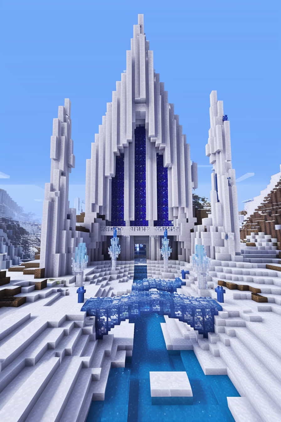 an imposing minecraft ice fortress in a snowy biome 