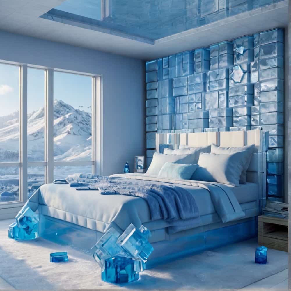 blue minecraft bedroom with blue ice blocks and frosted glass 