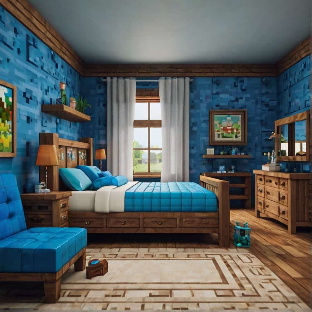 blue minecraft bedroom with bluestained clay adorned with white trim and floral designs 