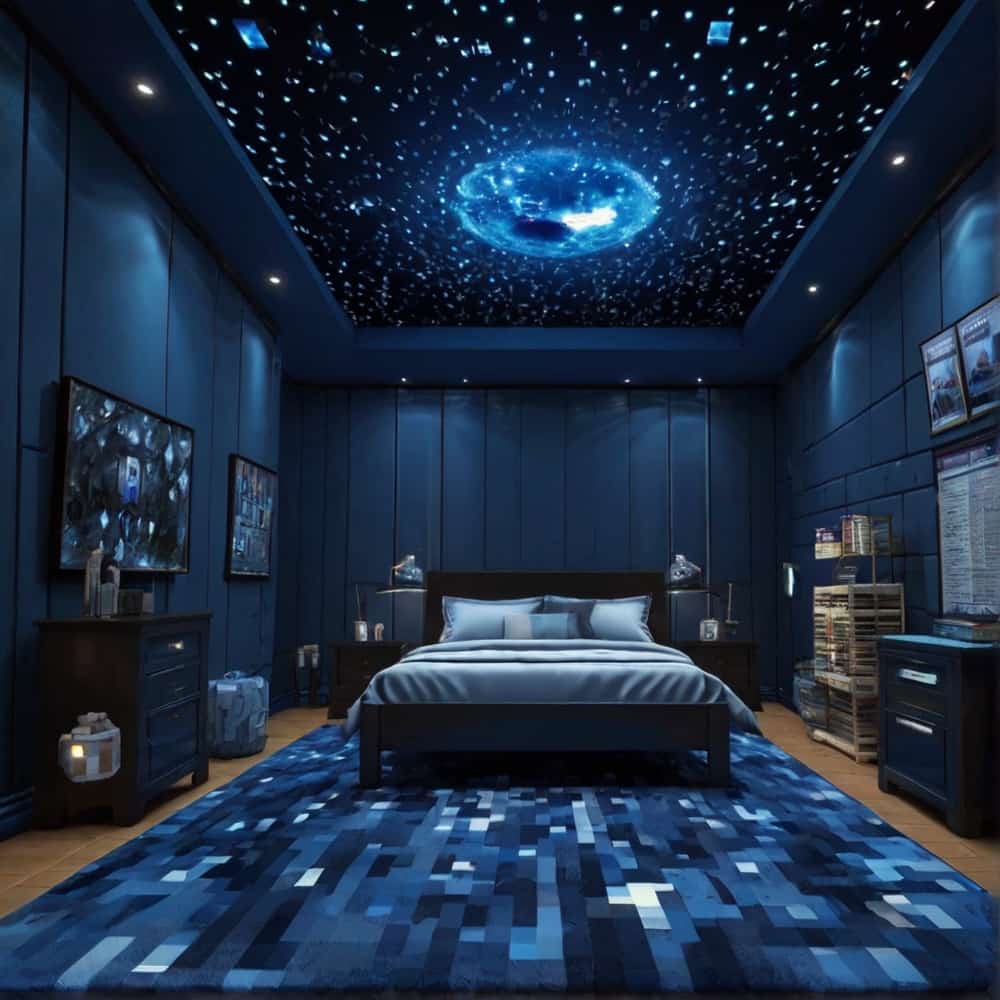 blue minecraft bedroom with dark blue ceiling with glowstone stars simulates a night sky 