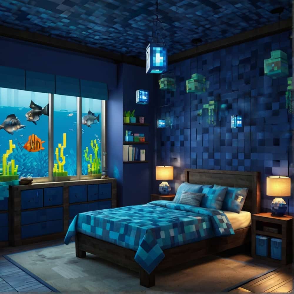 blue minecraft bedroom with dark blue wool and sea lanterns 