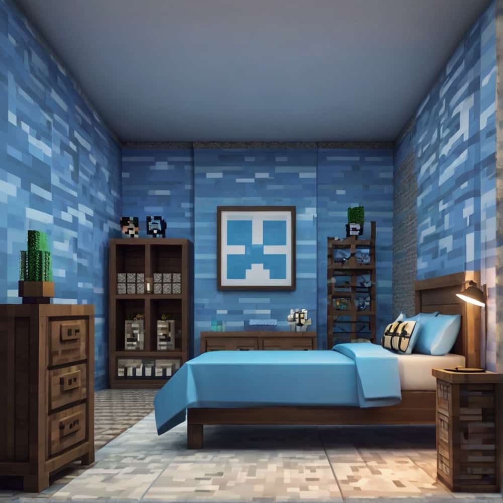 blue minecraft bedroom with light blue walls and cloud patterned banners