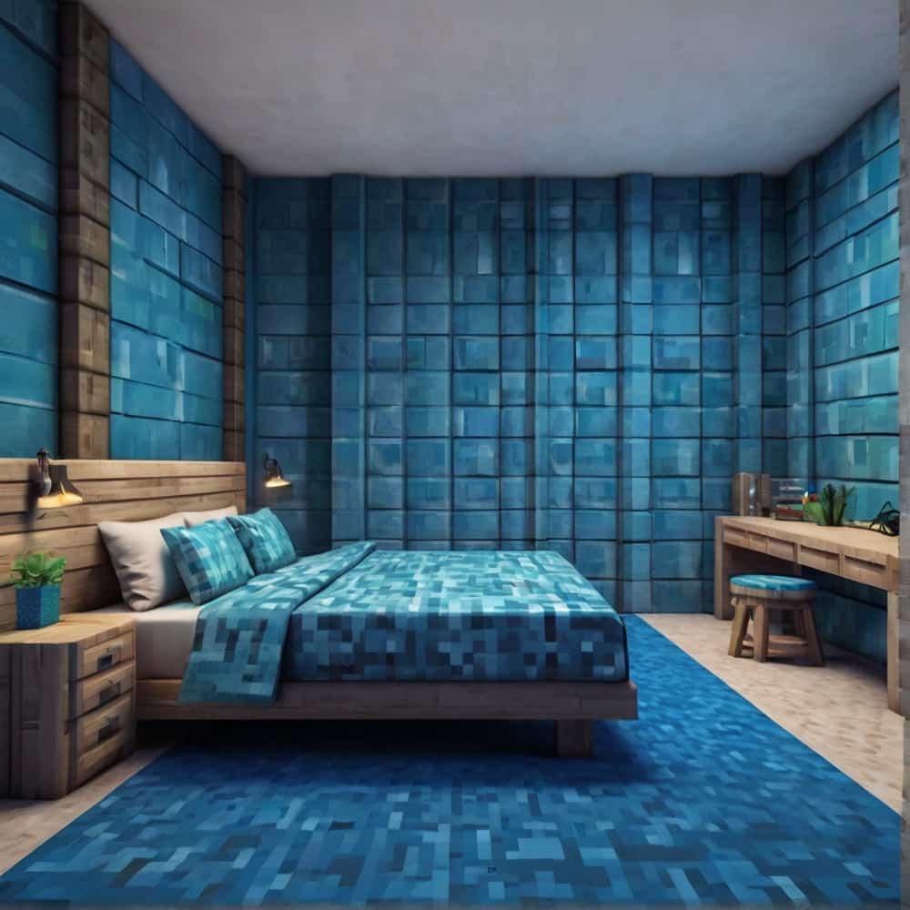 blue minecraft bedroom with varying shades of blue concrete for a clean and uniform look 